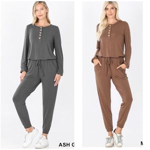 Long-Sleeve Henley Jumpsuit in Gray and Brown